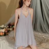 Sexy Purple Halter Babydoll Sleepwear | Backless A-Line Mini Nightdress for Women
